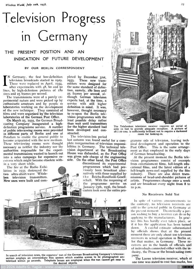 1866 - Television progress in Germany. The Wireless World. 10 Julio (1), 1936