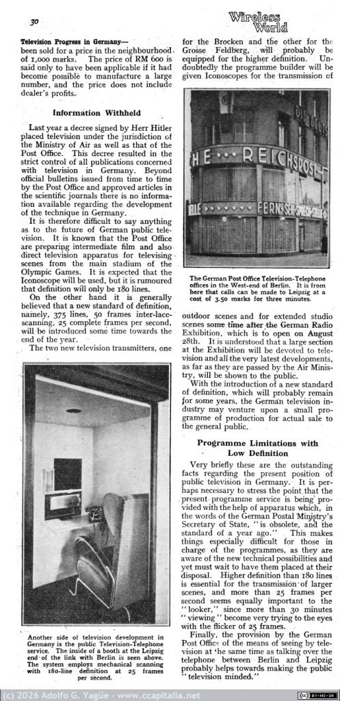 1866 - Television progress in Germany. The Wireless World. 10 Julio (2), 1936