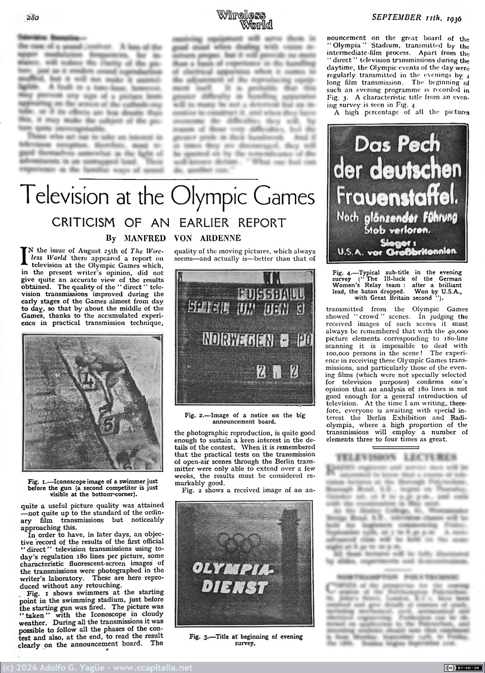 1866 - Television at Olympic Games. Criticism of an earlier report. Wireless World. 11 Septiembre, 1936