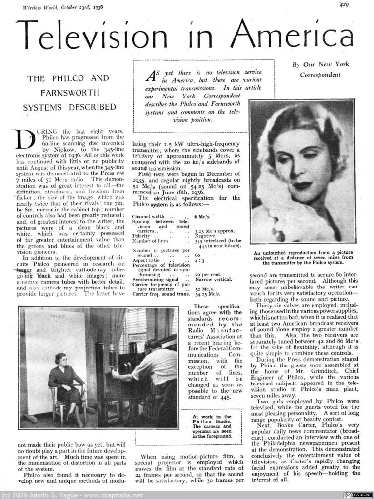 1866 - Television in America. The Philco and Farnsworth system described. The Wireless World. 23 Octubre (1), 1936